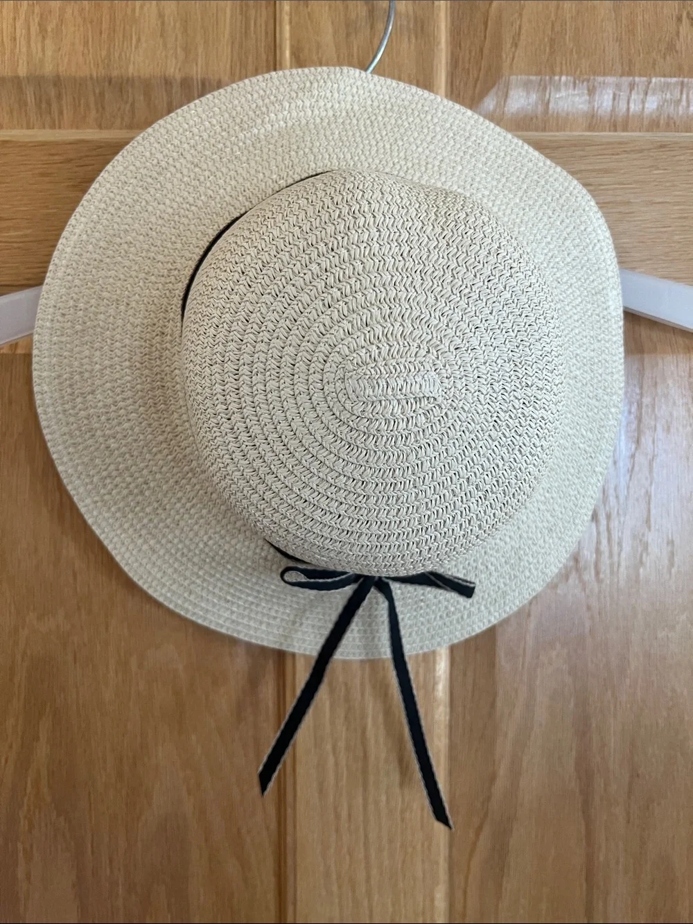 Girl’s Cream Straw Sun Hat with Black Bow Accent